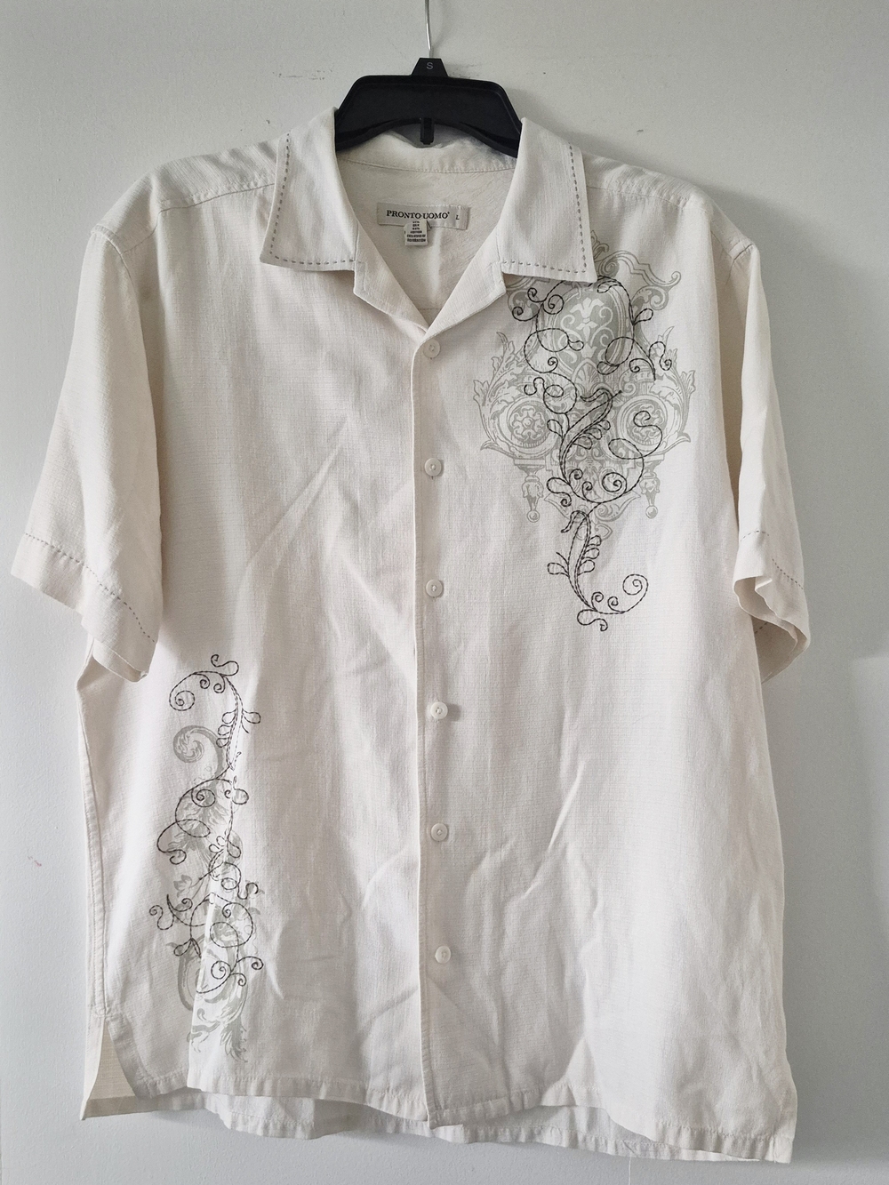 Pronto Uomo Cream Short-Sleeve Button-Down Shirt with Drk Brwn Scroll Embroidery